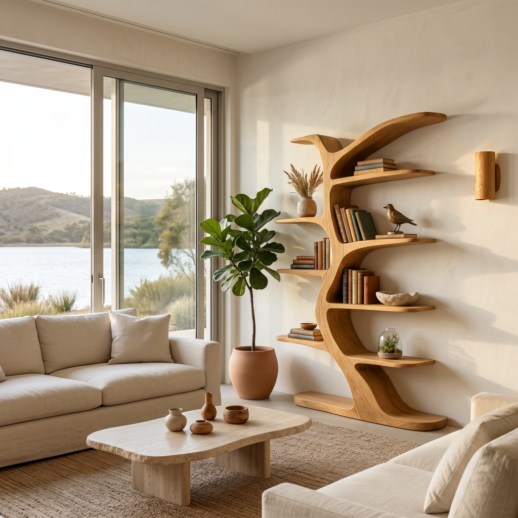 Modern Bookshelf Tree Inspired Curved Design For Living Room