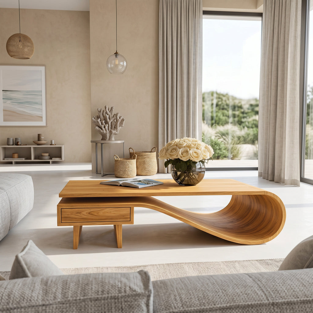 Modern Curved Coffee Table With Drawers For Living Room