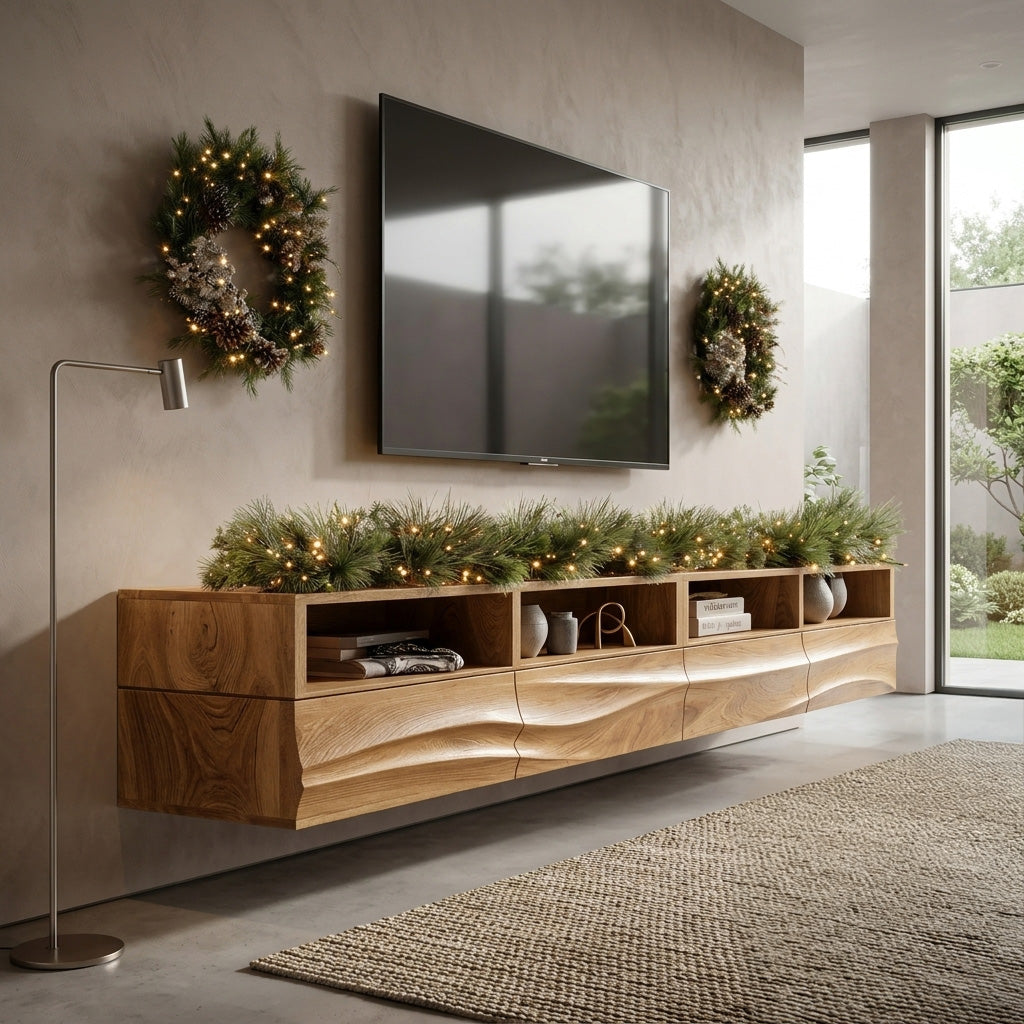 Floating Wave-Pattern TV Console For Holiday Decor