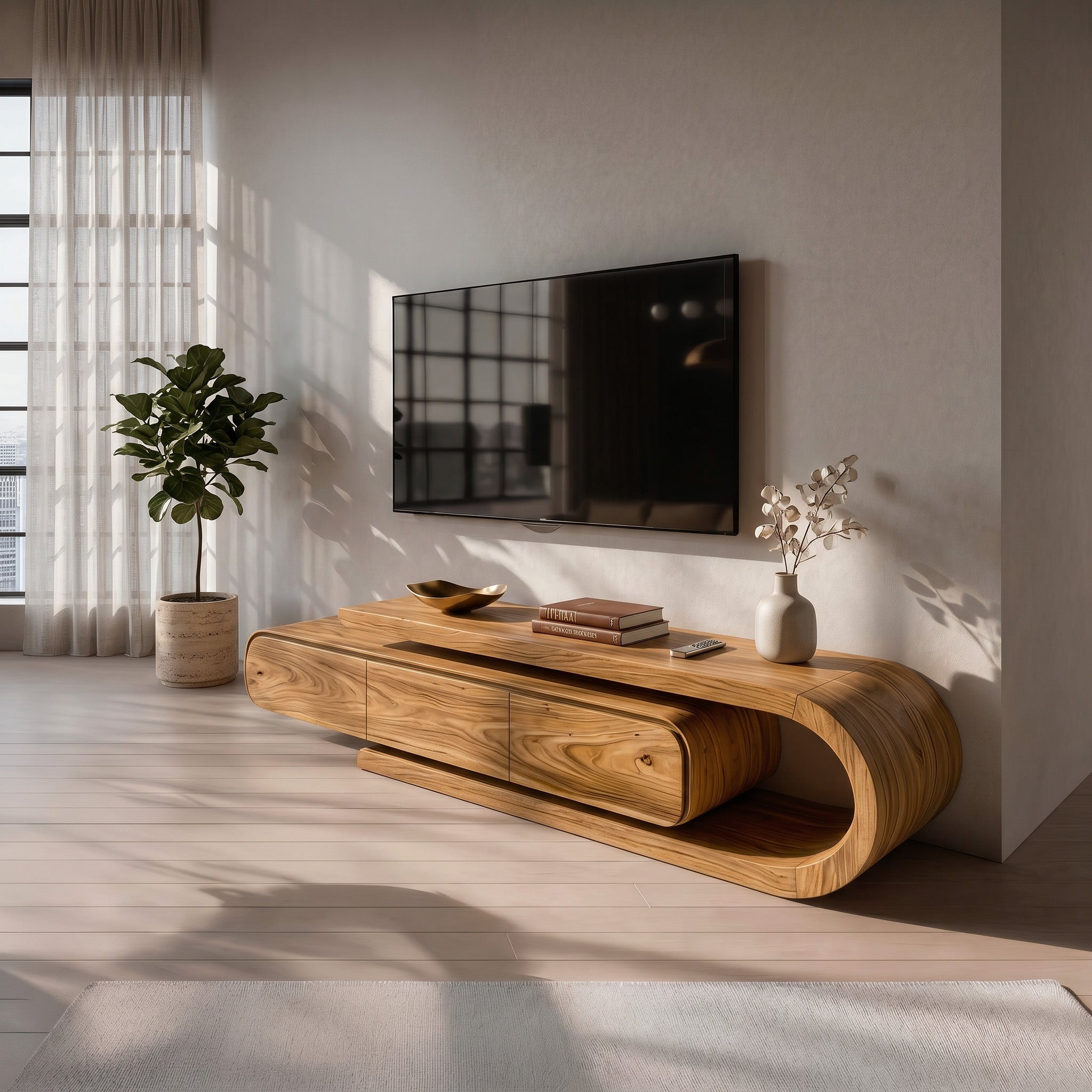 Contemporary Curved Wooden TV Console For Living Room