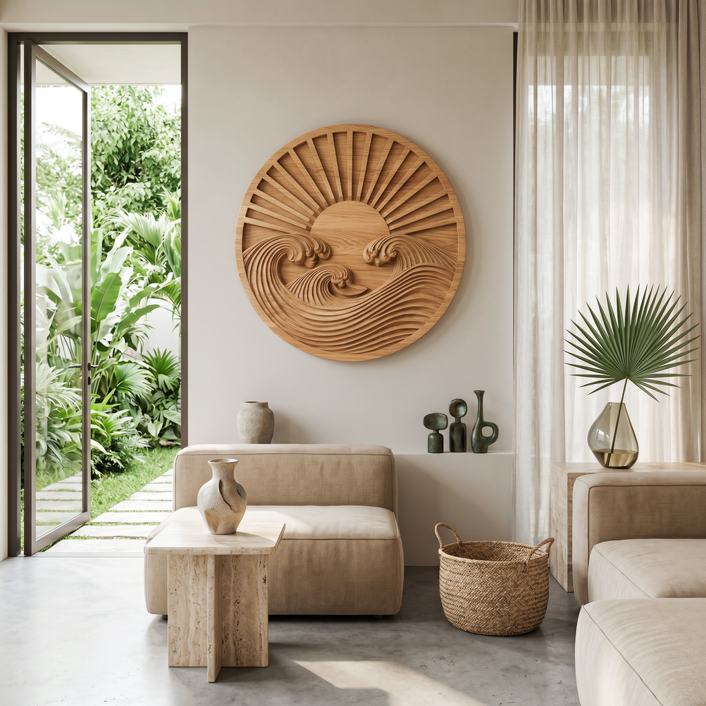 Round Wall Art With Carved Sun And Waves For Bedroom