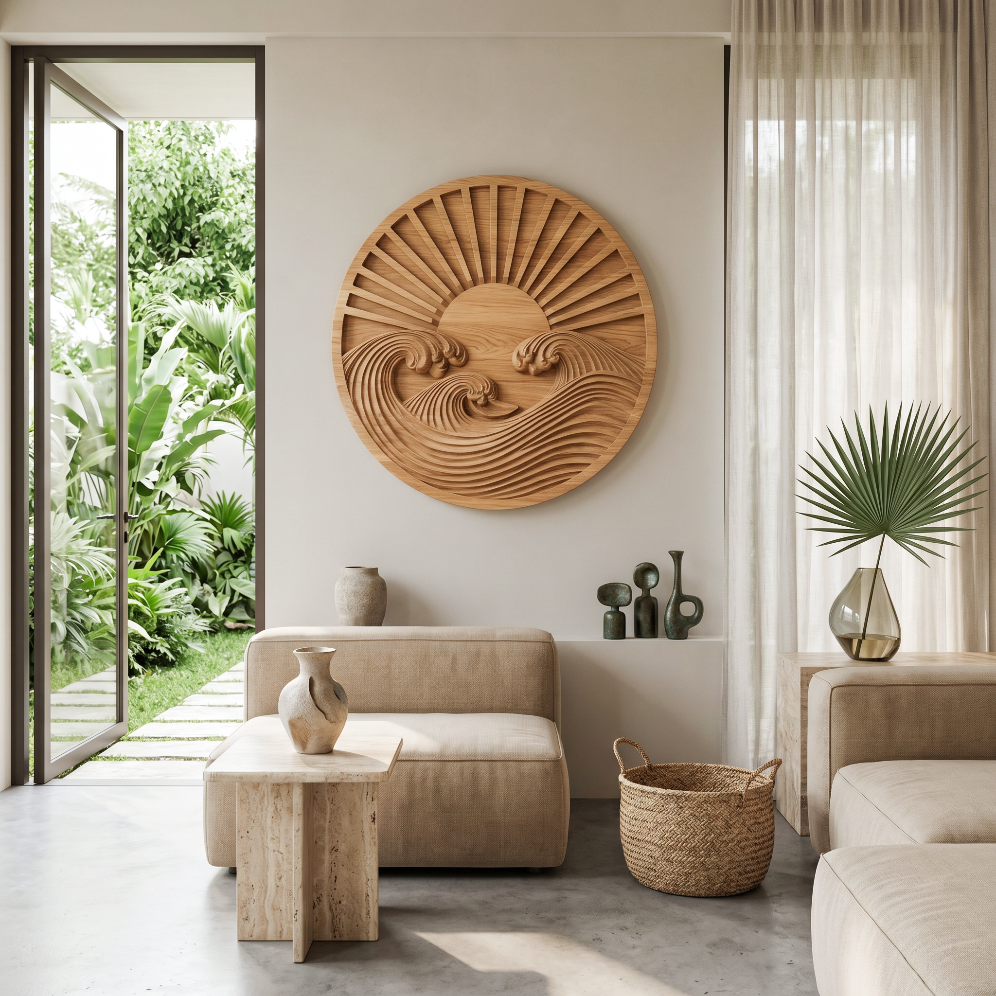 Round Wall Art With Carved Sun And Waves For Bedroom