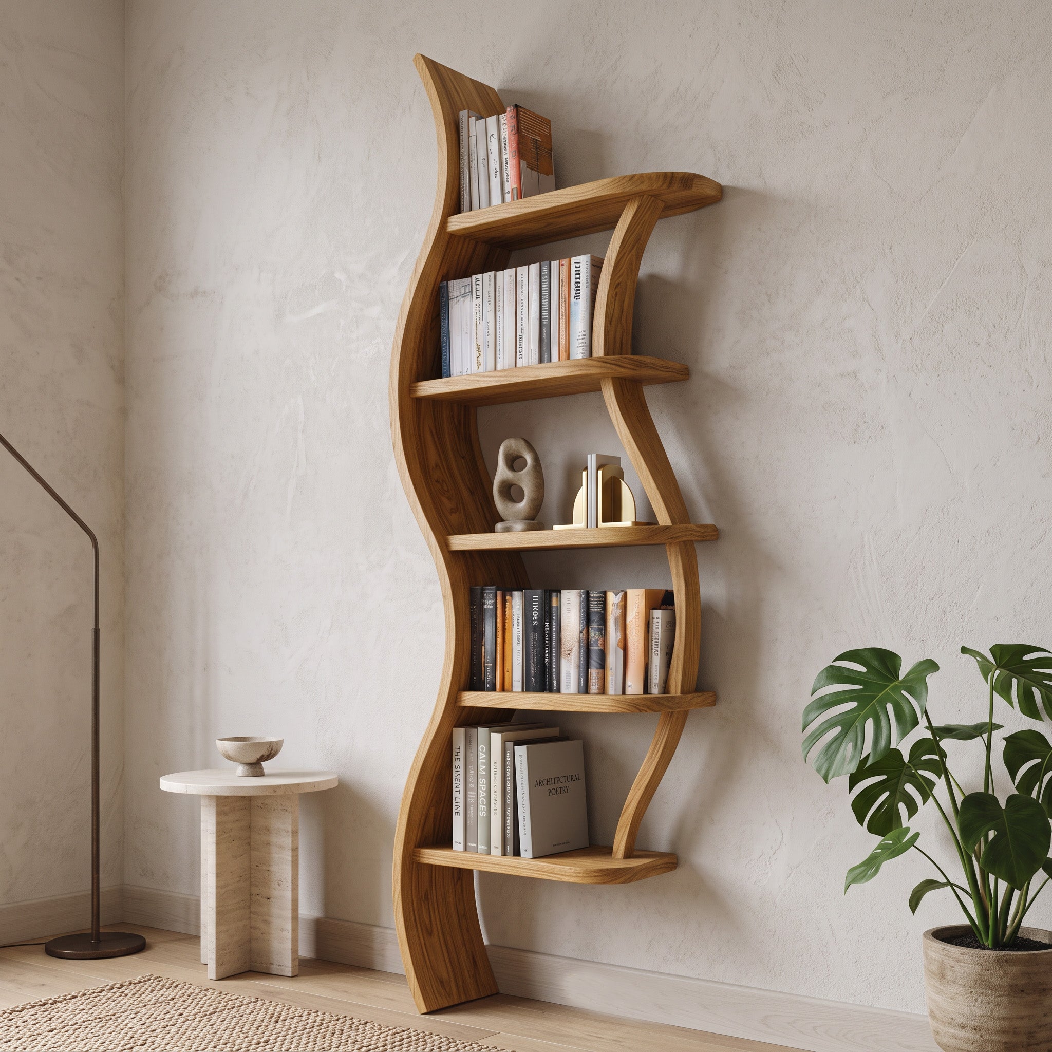 Modern Sculptural Bookshelf With Curved Design For Living Room