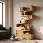 Scandinavian Sculptural Wooden Bookshelf For Living Room