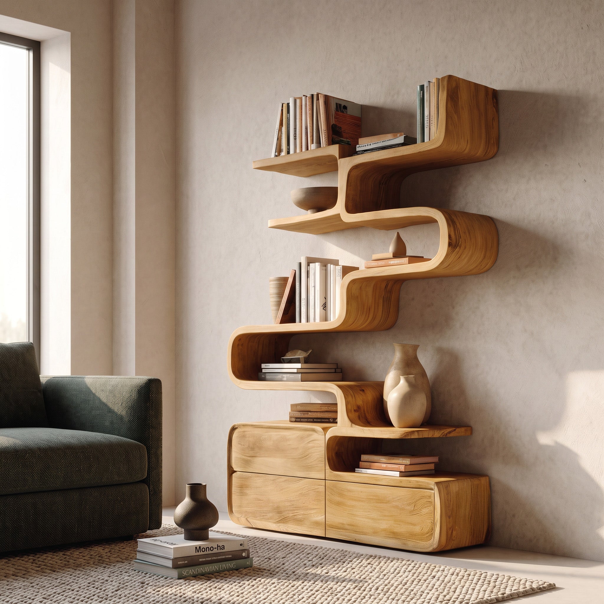 Scandinavian Sculptural Wooden Bookshelf For Living Room