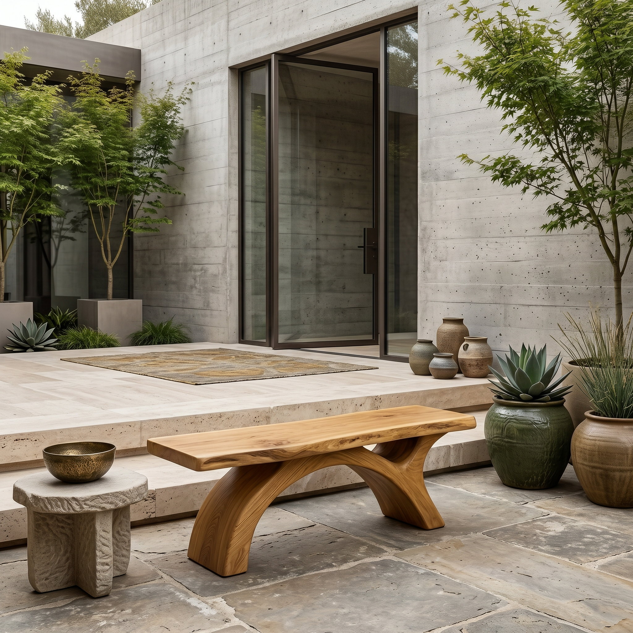 Rustic Bench With Curved Base For Living Room