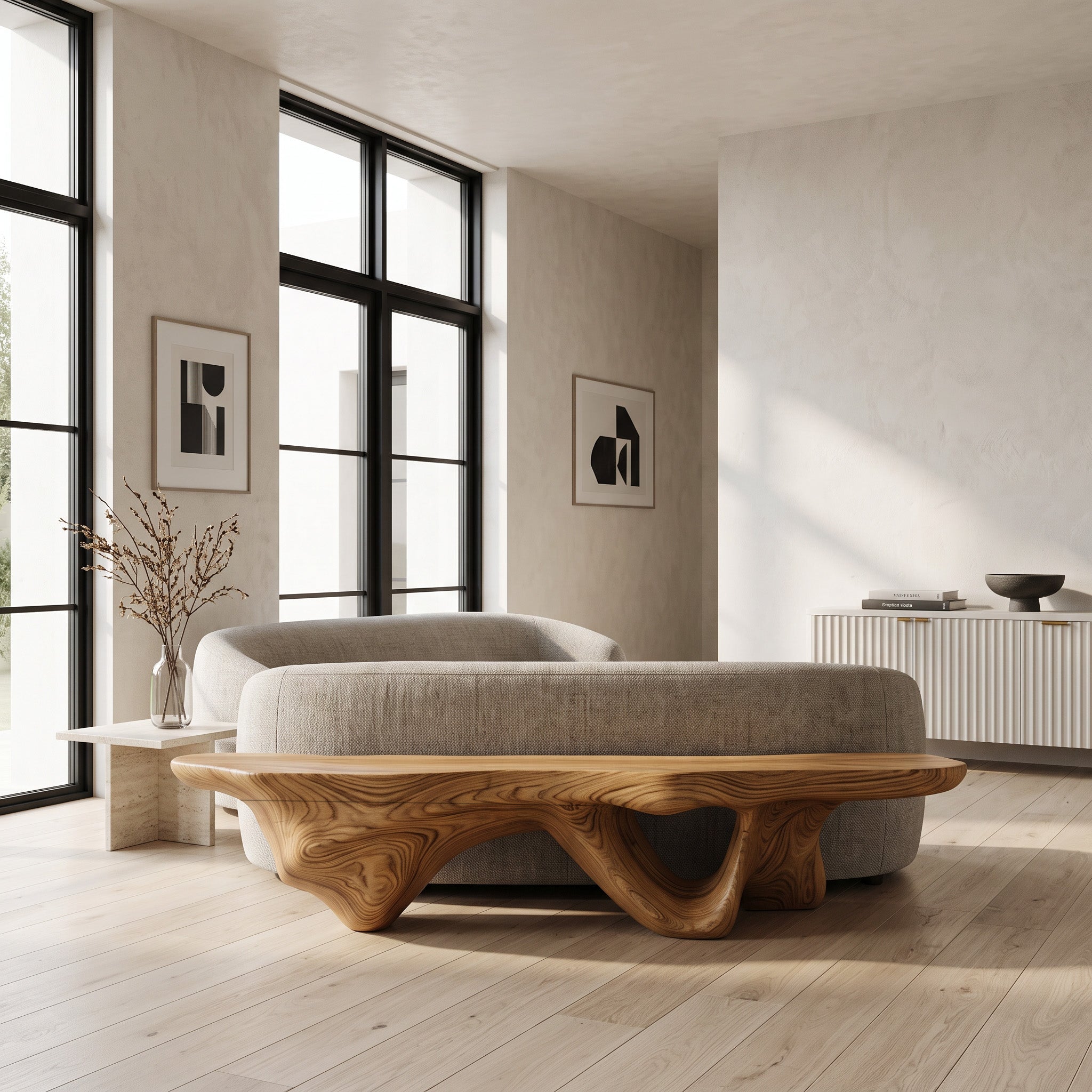 Modern Sculptural Bench With Flowing Design For Living Room