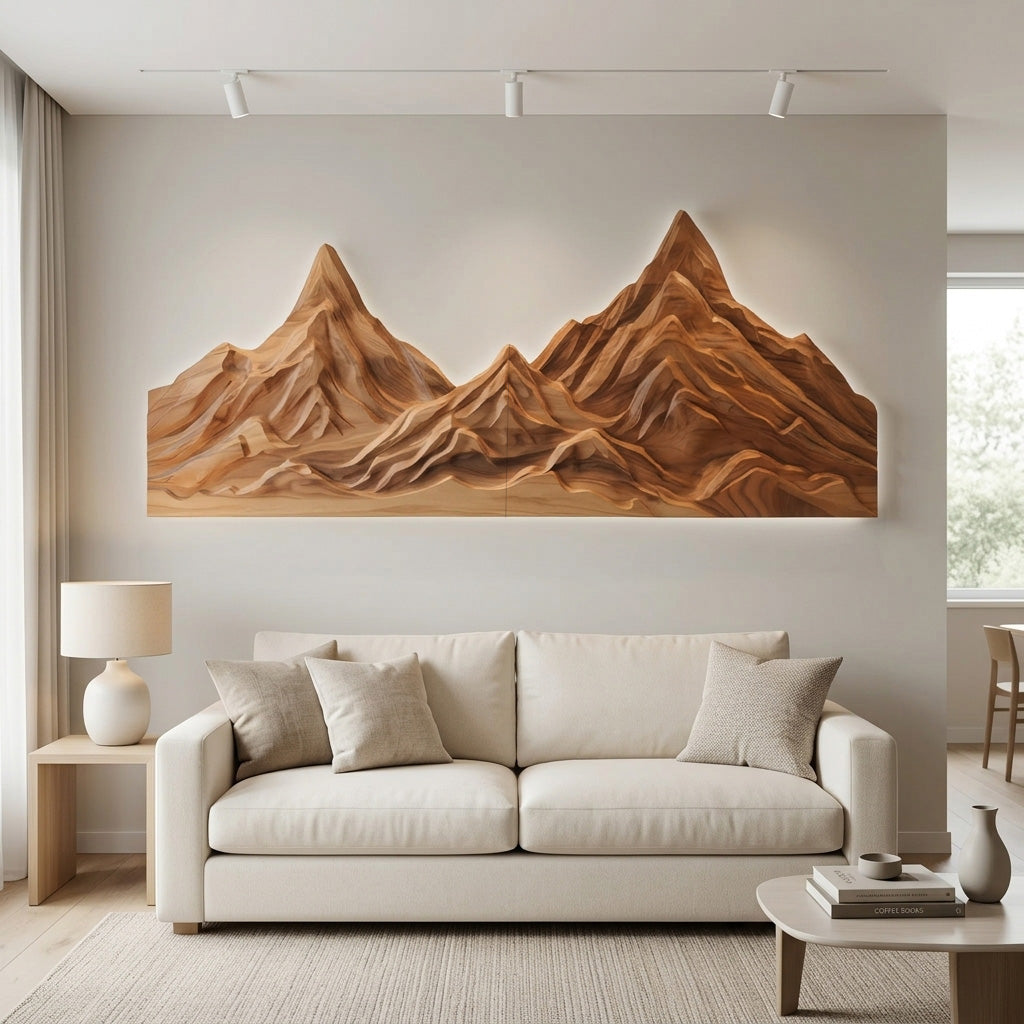 Rustic Mountain Wall Art Sculpture Hand Carved For Bedroom And Living Room
