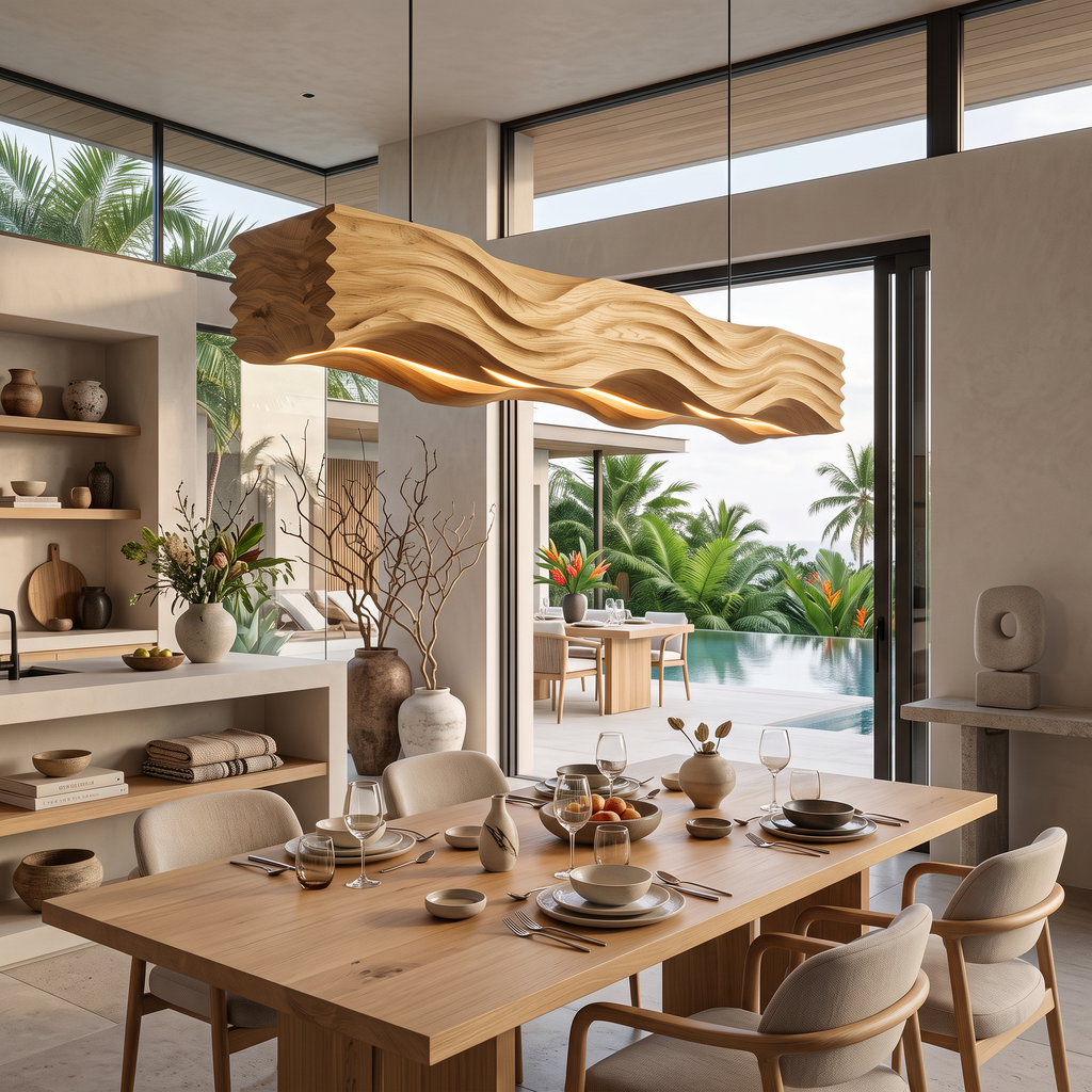 Sculpted Pendant Light Featuring Flowing Wave Carving For Dining