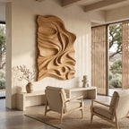 Organic Flowing Carved Wood Art Panel For Living Room