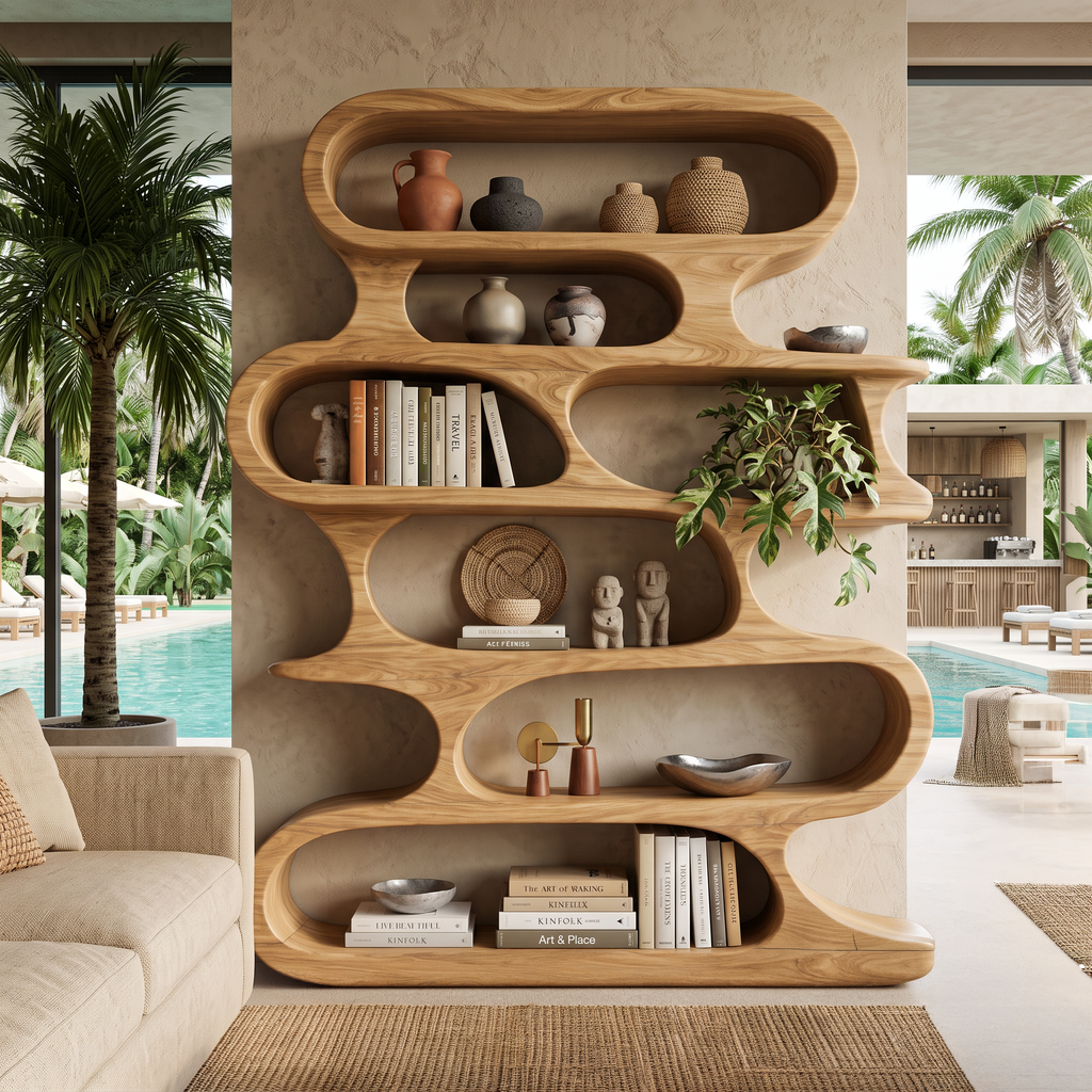 Mid Century Modern Wall Shelf With Flowing Shape For Living Room And Office