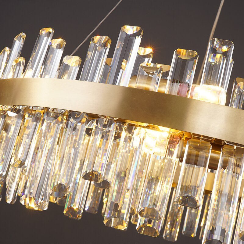 Full view of the Asti crystal modern chandelier by Morsale.com, 31-inch clear and smoke-grey K9 crystal with integrated LED.