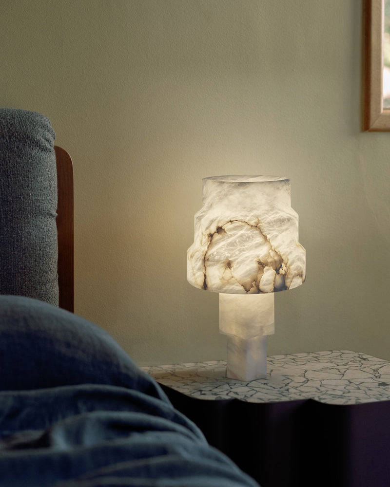 Nature Inspired Cylinder White Alabaster Short Table Lamp 8in for bedroom