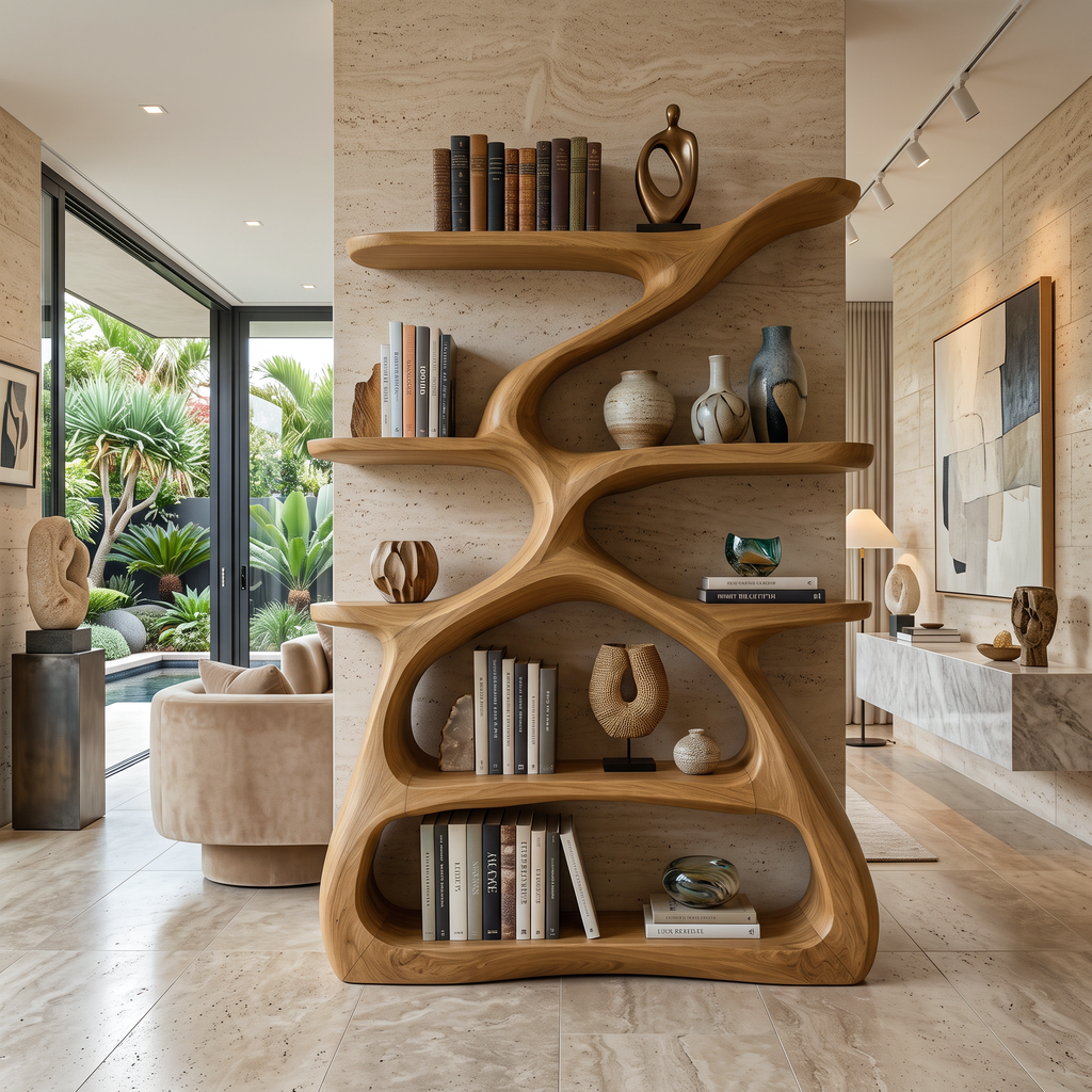 Modern Sculptural Bookshelf With S Shaped Design For Living Room