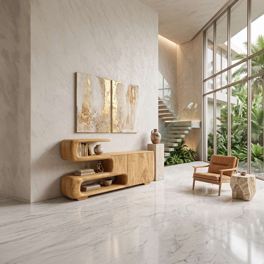 Organic Sideboard With Shelves And Cabinet For Living Room