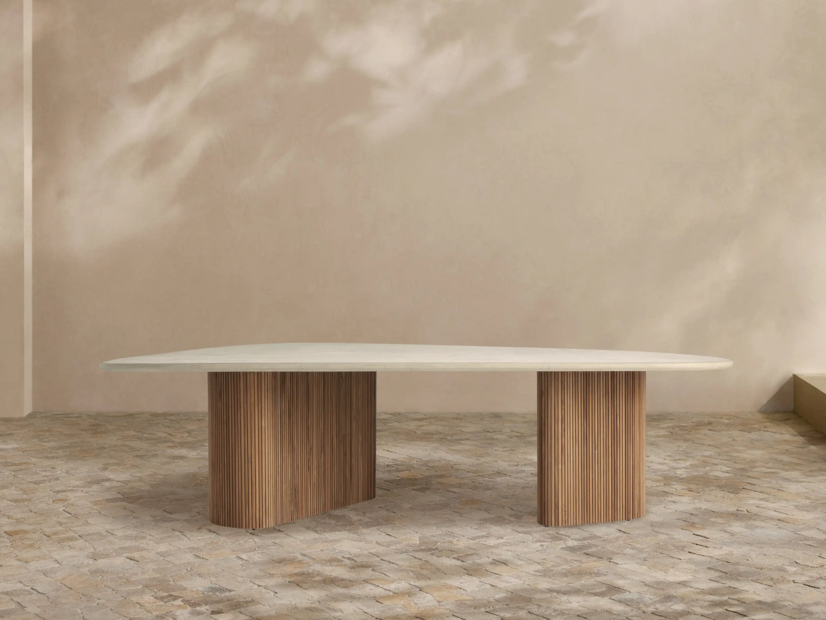 Alesso Organic Shape Outdoor Dining Table with Teak Base in Stone