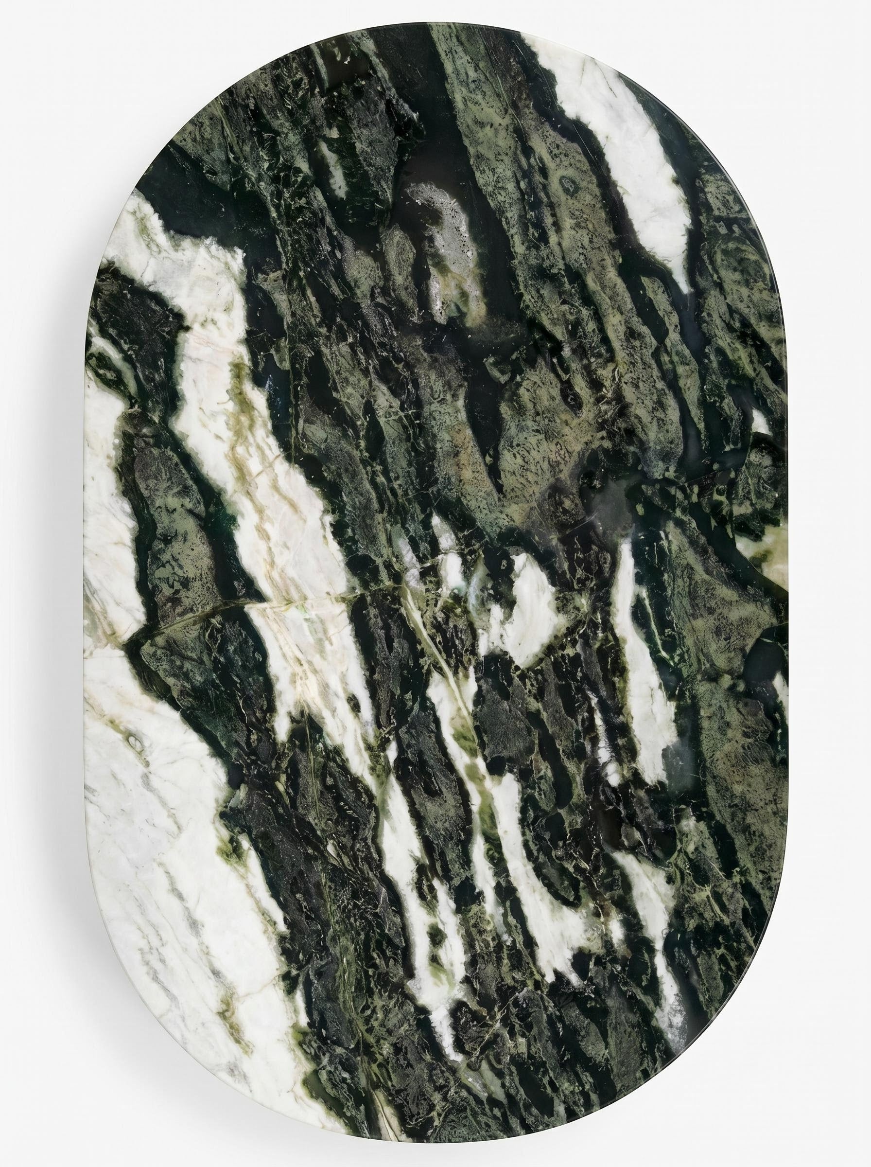 Luxury Green Forest Marble Oval Dining Table with Sculptural D-Shaped Pedestal Base