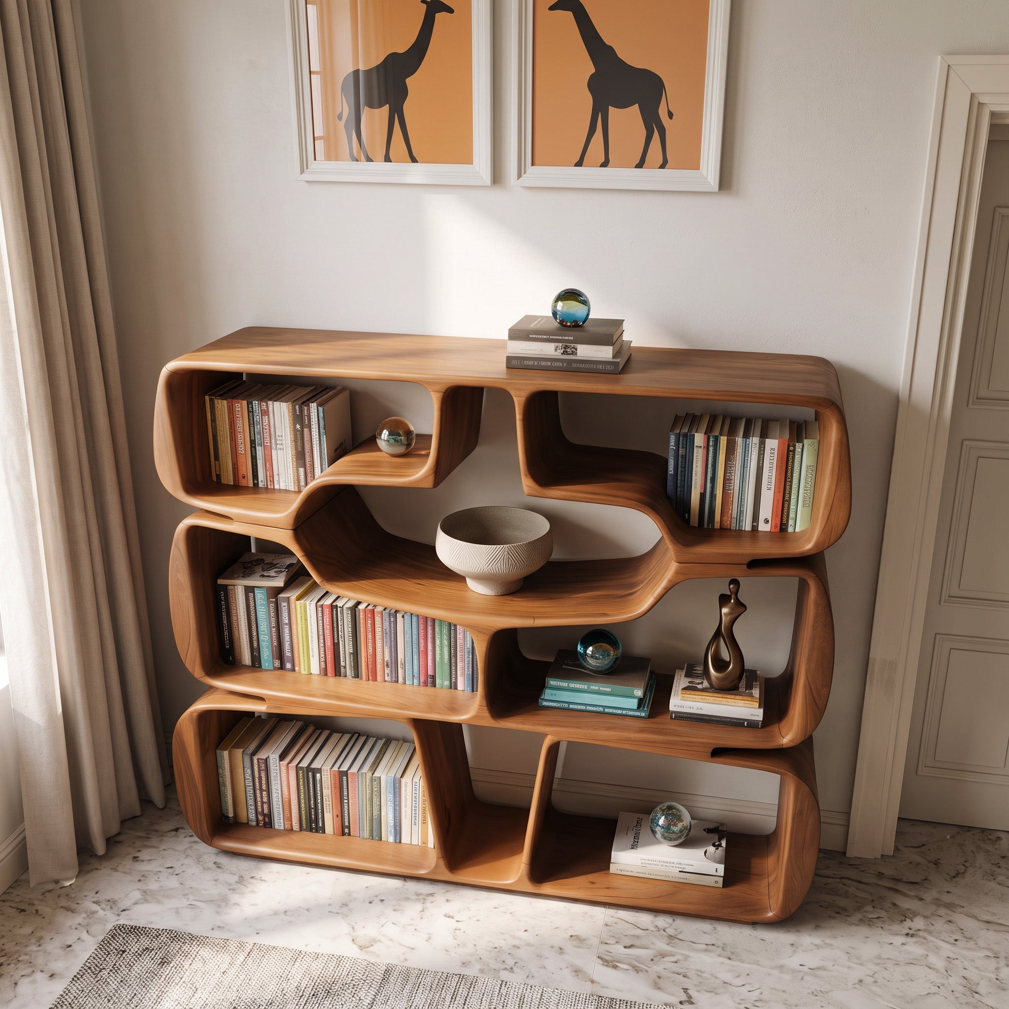 Modern Sculptural Bookshelf With Organic Curves For Living Room