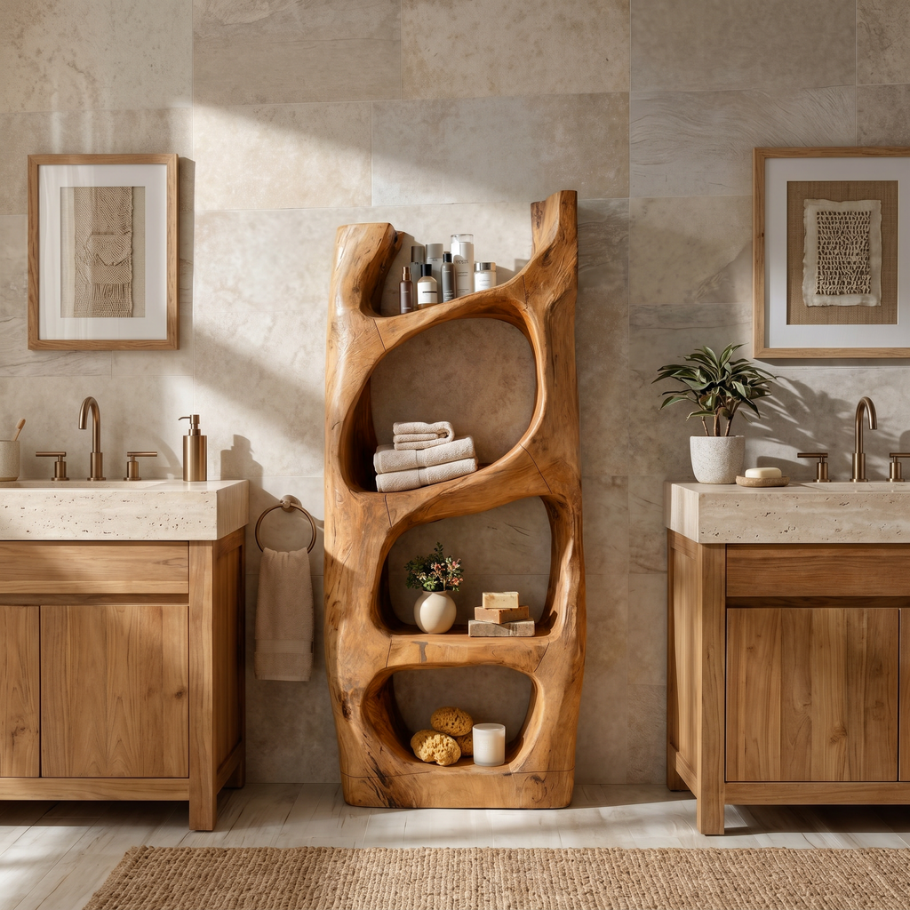 Handcrafted Sculptural Bathroom Shelf For Towels Or Spa Storage