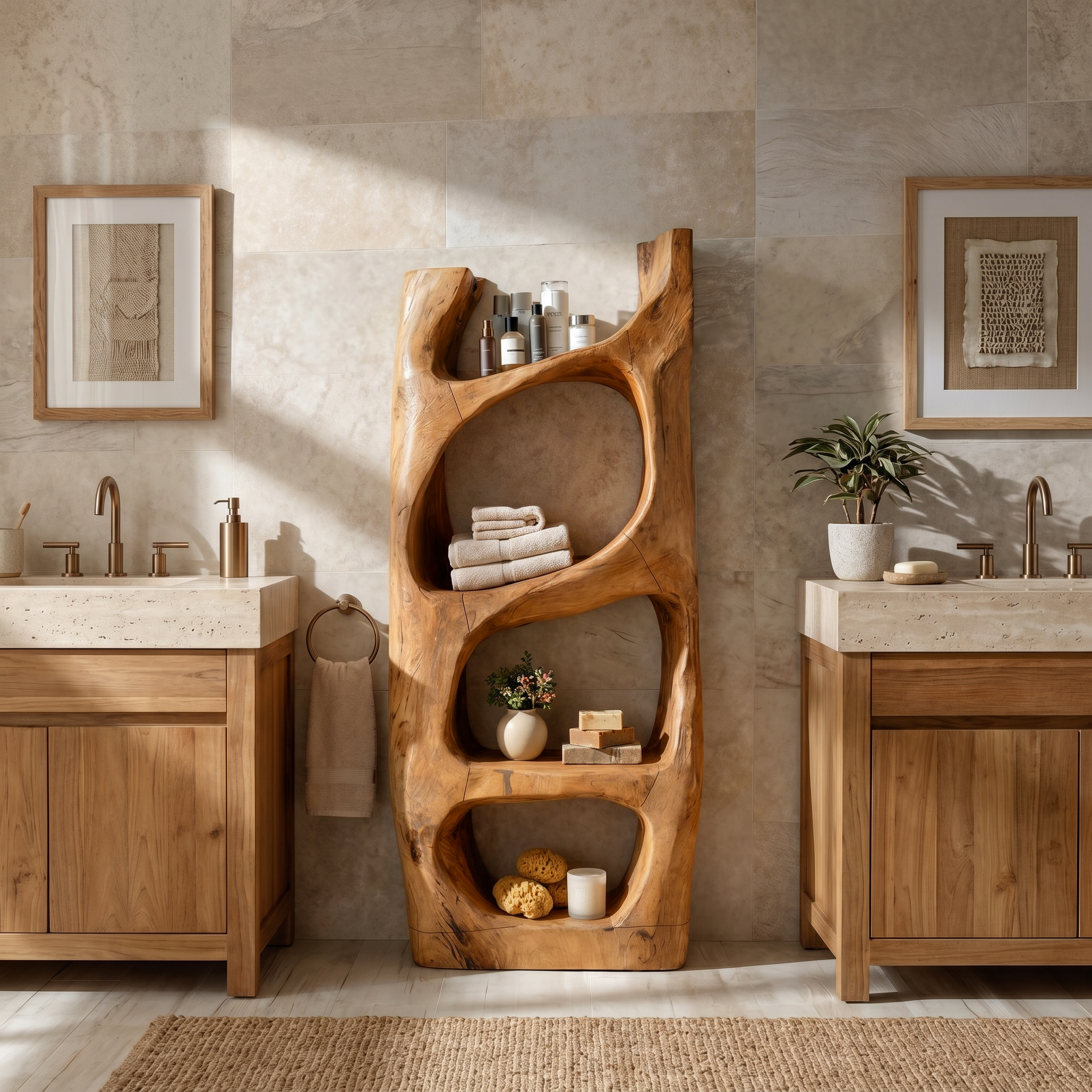 Handcrafted Sculptural Bathroom Shelf For Towels Or Spa Storage