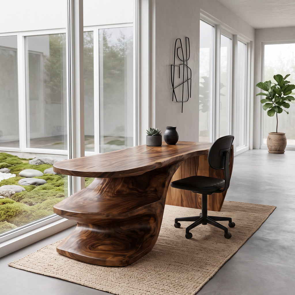 Sculptural Desk With Built-in Shelf For Home Office