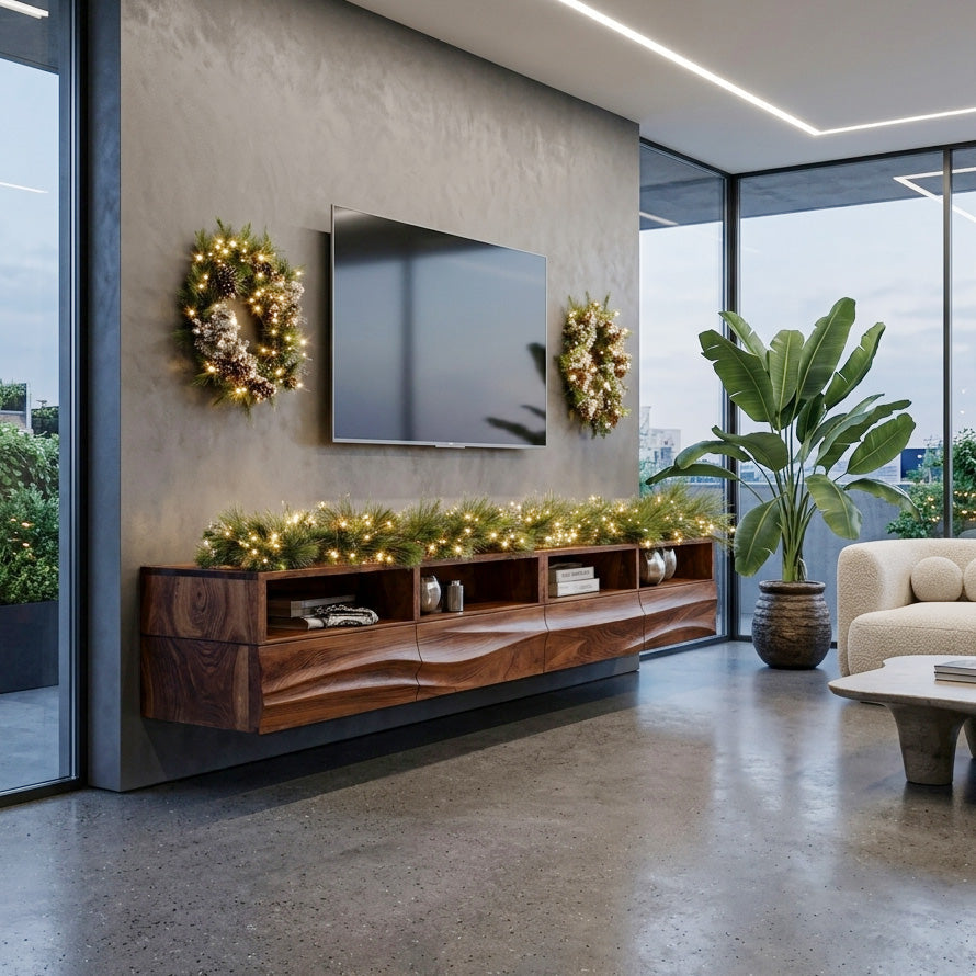 Floating Wave-Pattern TV Console For Holiday Decor