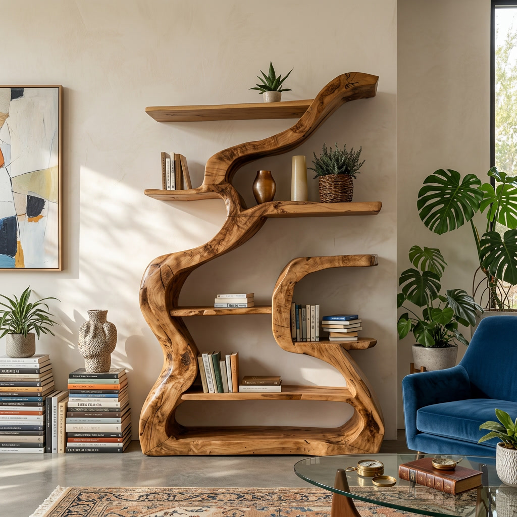 Organic Sculptural Bookshelf With Curved Design For Living Room