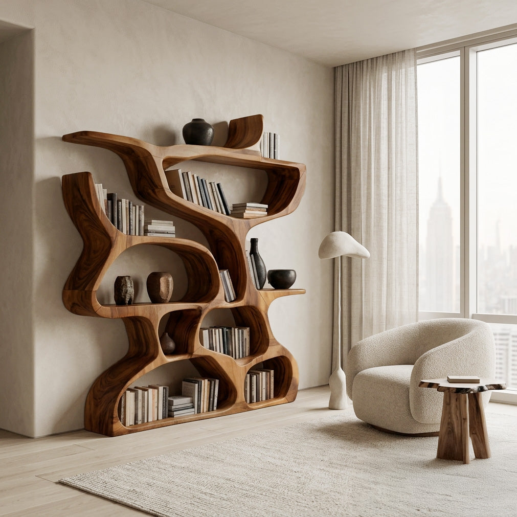 Modern Bookshelf With Organic Carved Design For Living Room Or Office