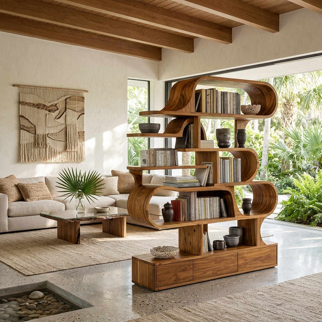 Modern Sculptural Bookshelf With Curved Design For Living Room Or Office