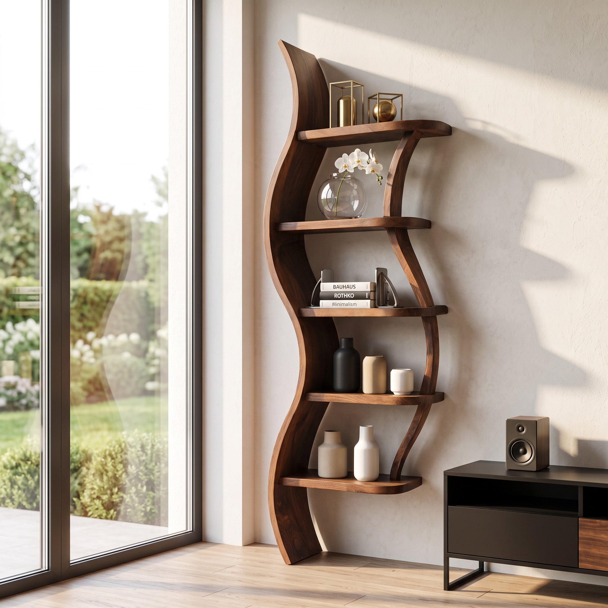 Modern Sculptural Bookshelf With Curved Design For Living Room