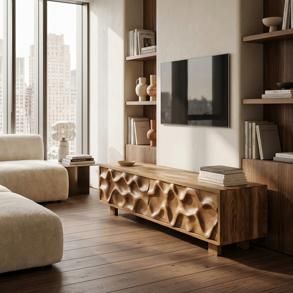 Hand Carved TV Stand With Wave Design For Living Room