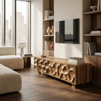 Hand Carved TV Stand With Wave Design For Living Room