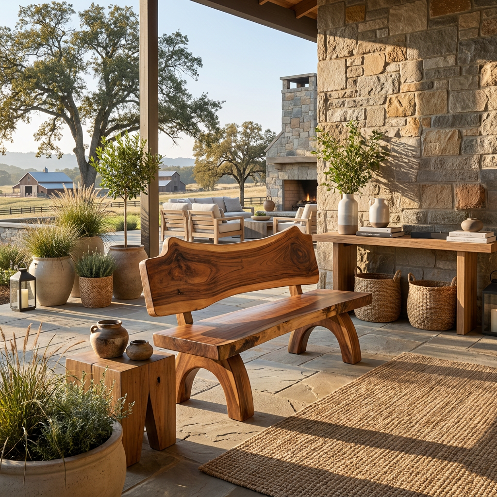 Rustic Live Edge Bench With Backrest For Patio Garden Courtyard