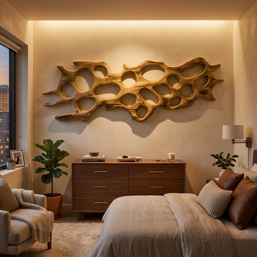 Organic Wall Art Sculpture With Abstract Carving For Living Room
