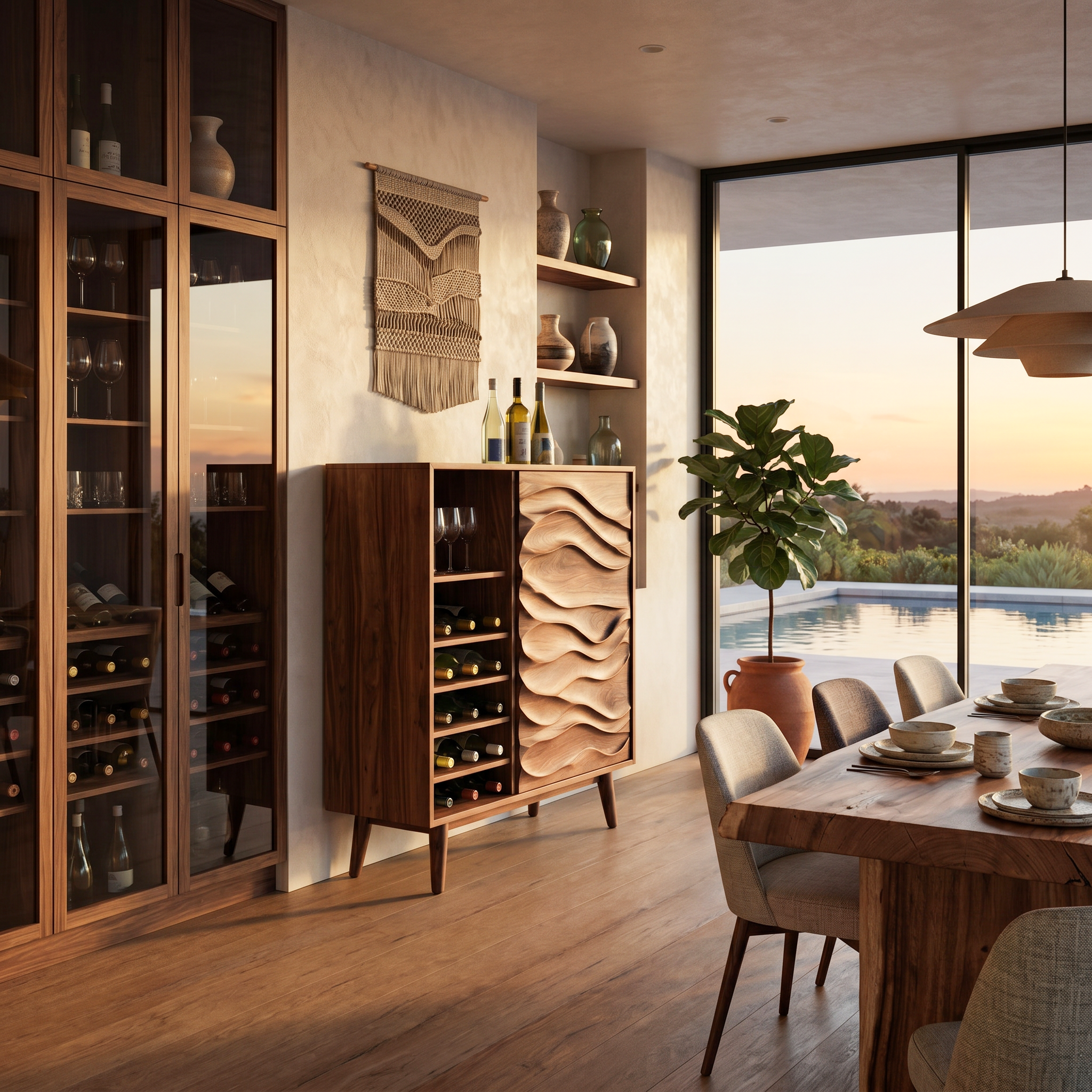 Sculptural Wine Cabinet With Wave Carved Doors For Kitchen