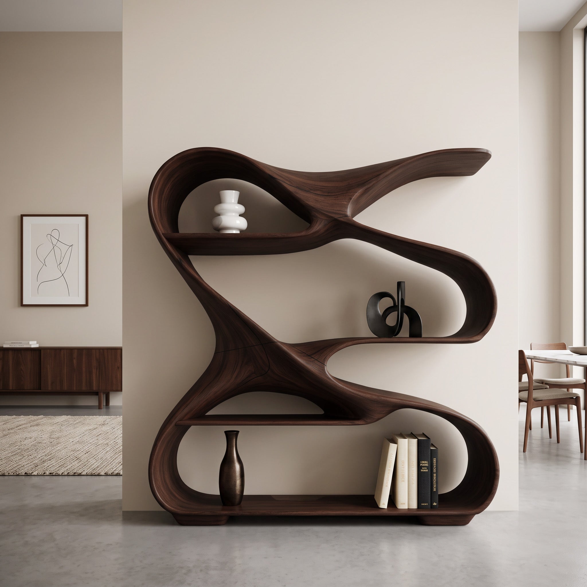 Modern Sculptural Wooden Bookshelf For Living Room Or Office Display