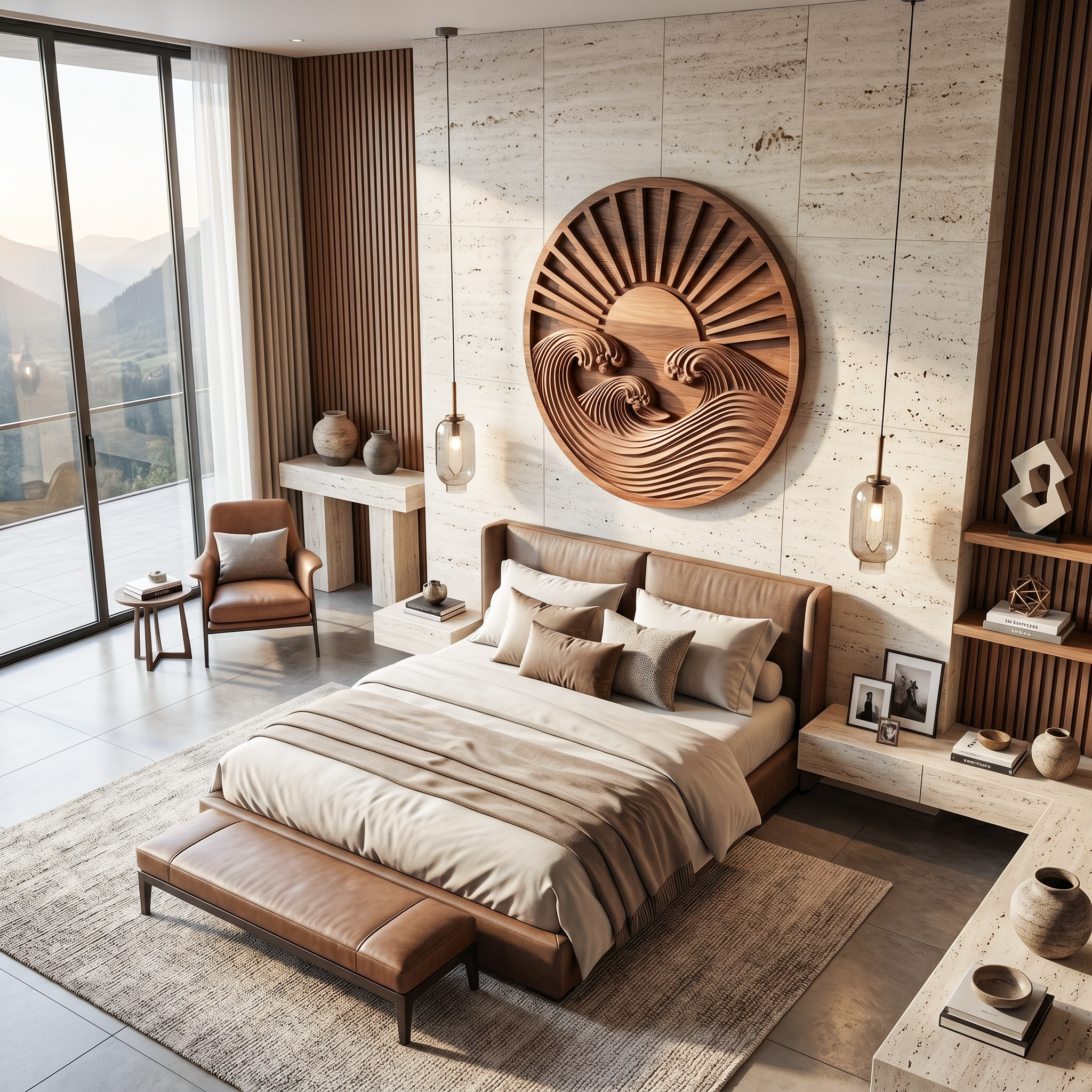 Round Wall Art With Carved Sun And Waves For Bedroom
