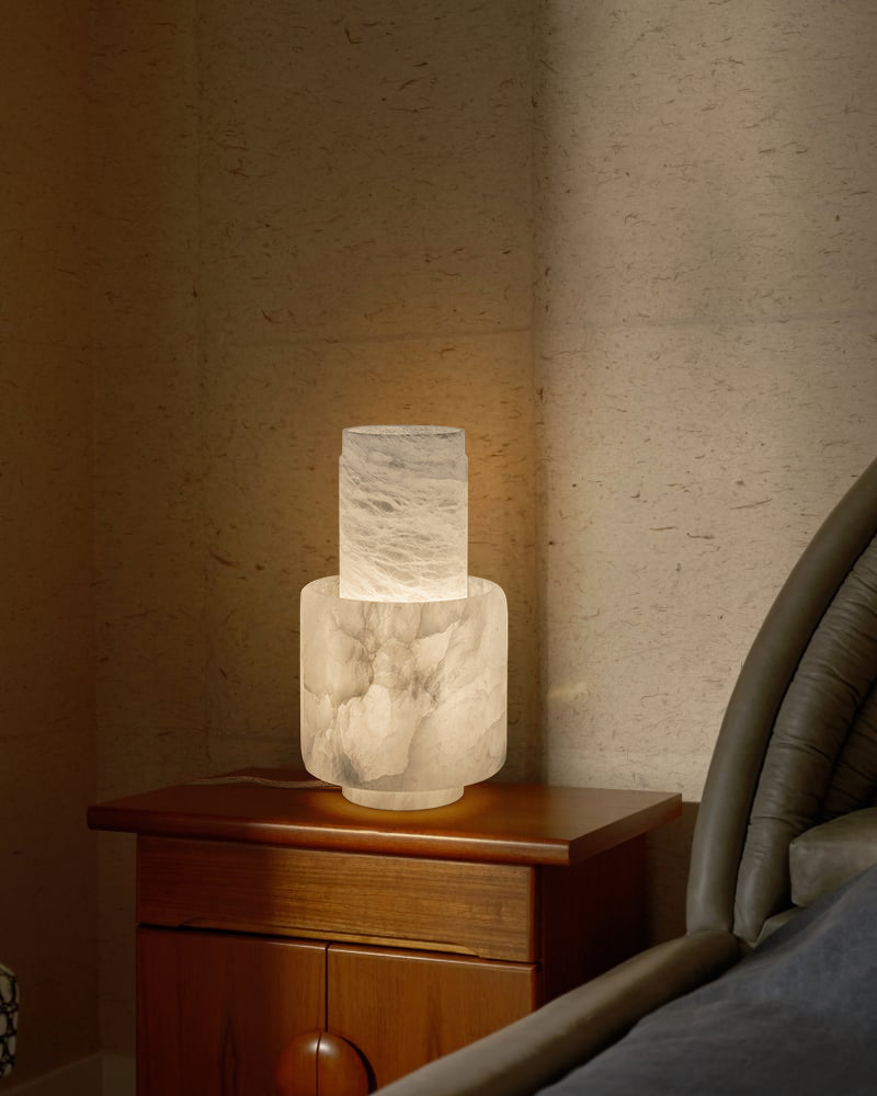 Nature Inspired Cylinder White Alabaster Short Table Lamp 8in for bedroom