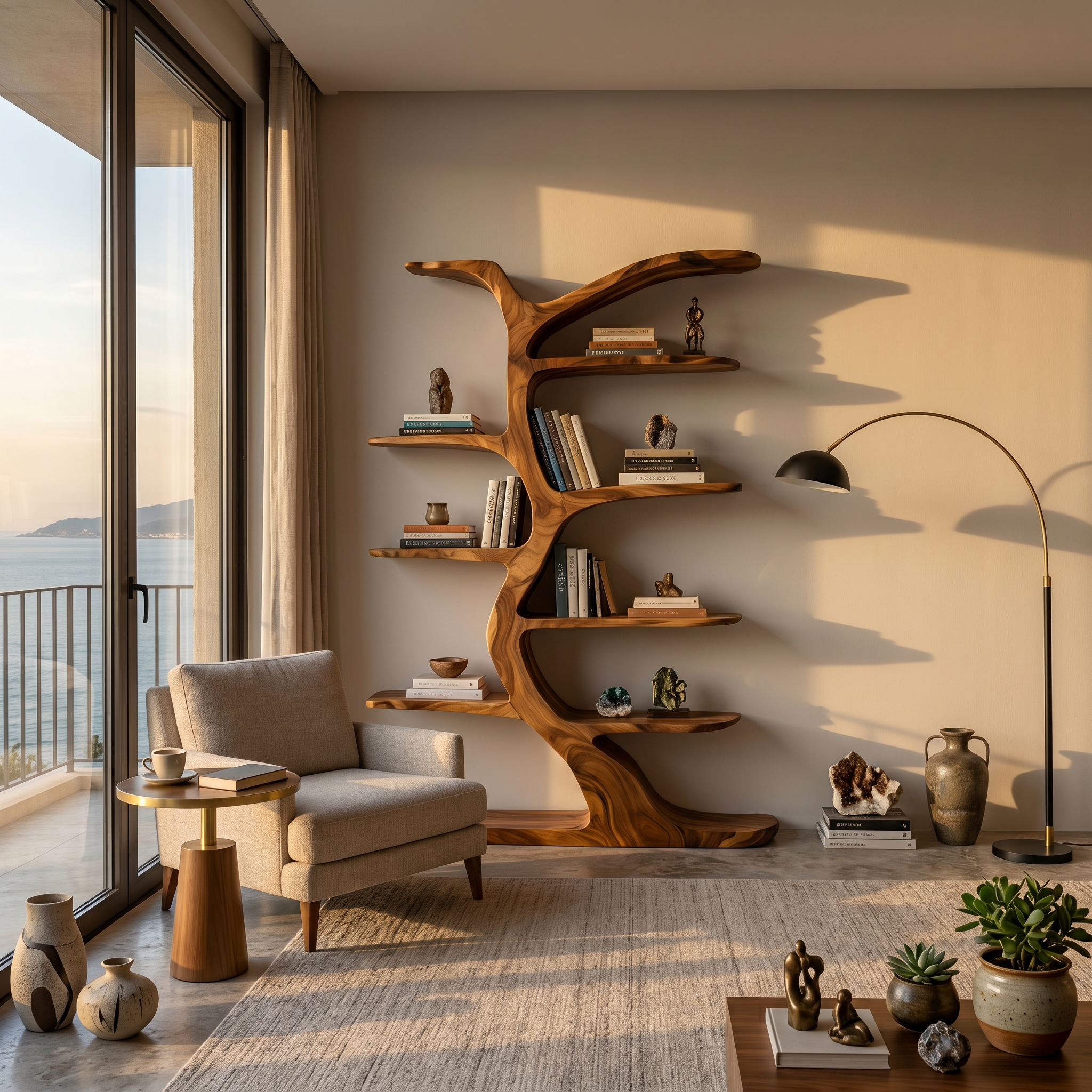 Modern Bookshelf Tree Inspired Curved Design For Living Room
