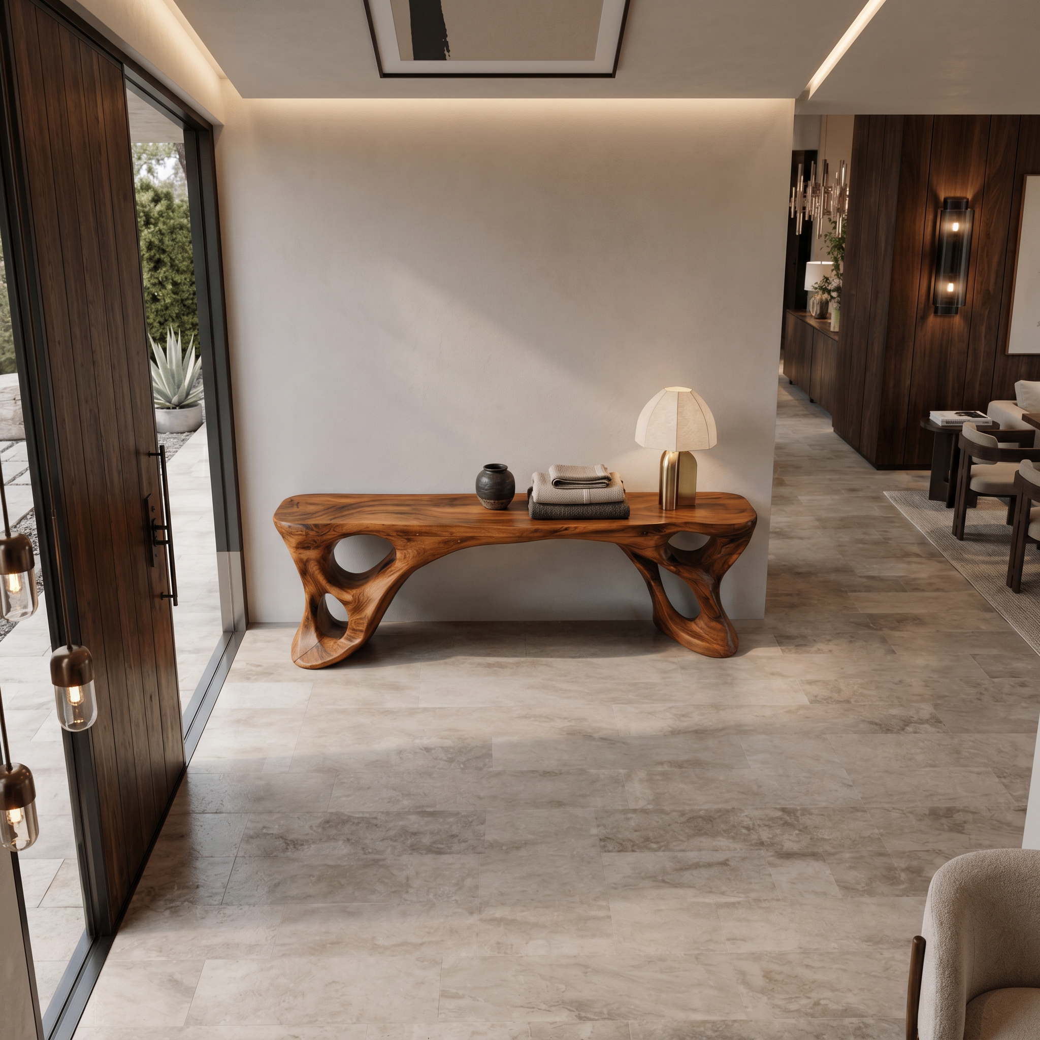 Sculptural Bench With Carved Design For Entryway