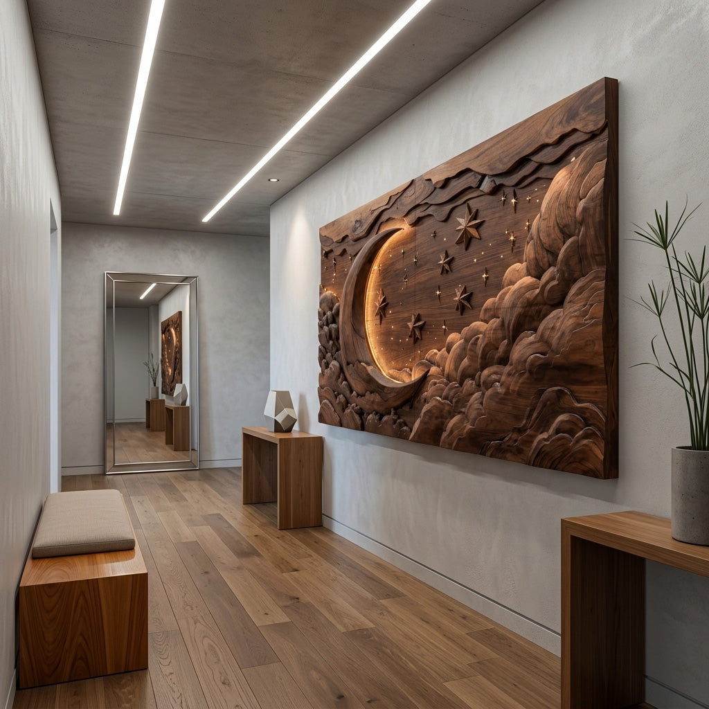 Hand Carved Wall Art Moon And Stars Panel With LED For Bedroom