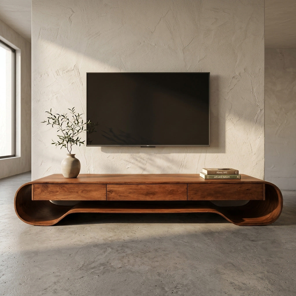 Sculpted Curved Media Console With Storage For Living Room
