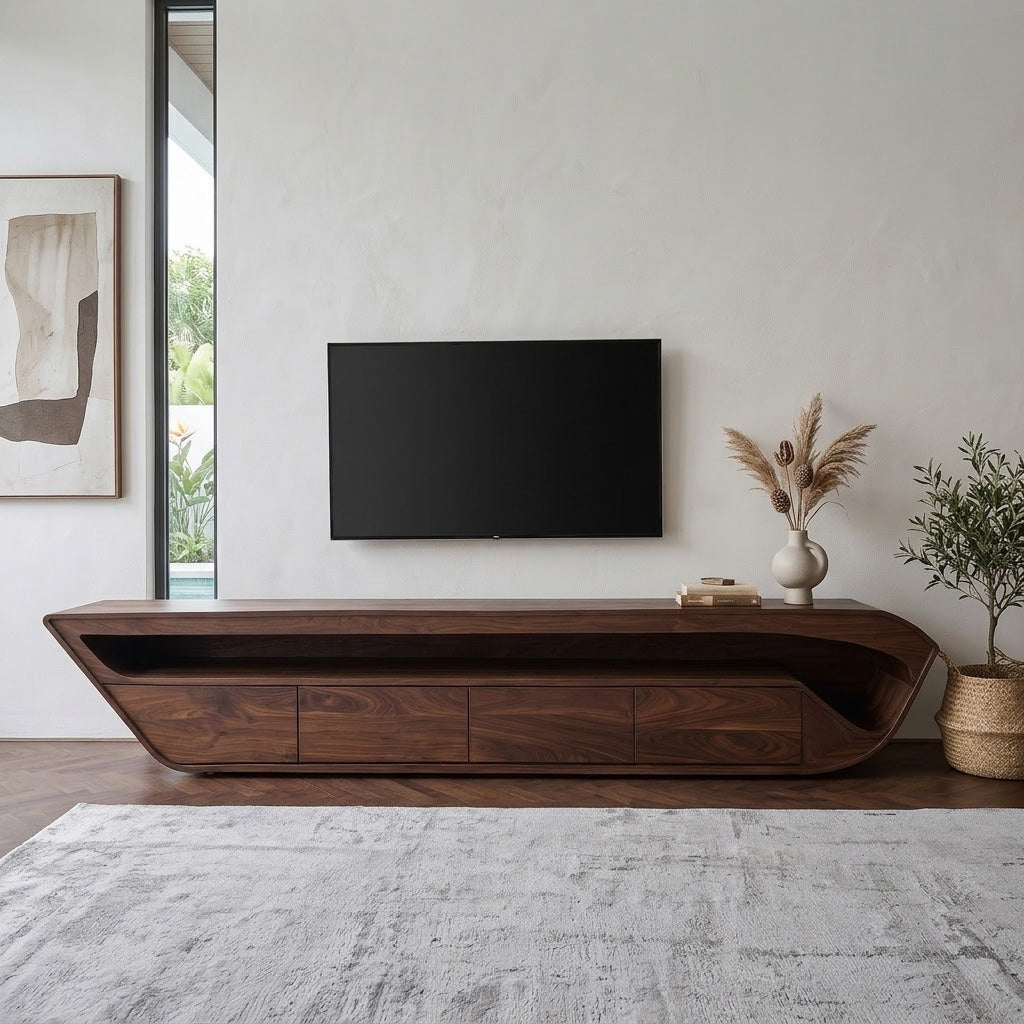 Modern Sculptural TV Console With Drawer For Living Room