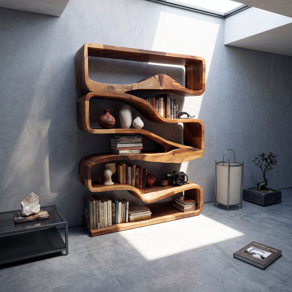 Modern Curved Bookshelf With Flowing Design For Bedroom