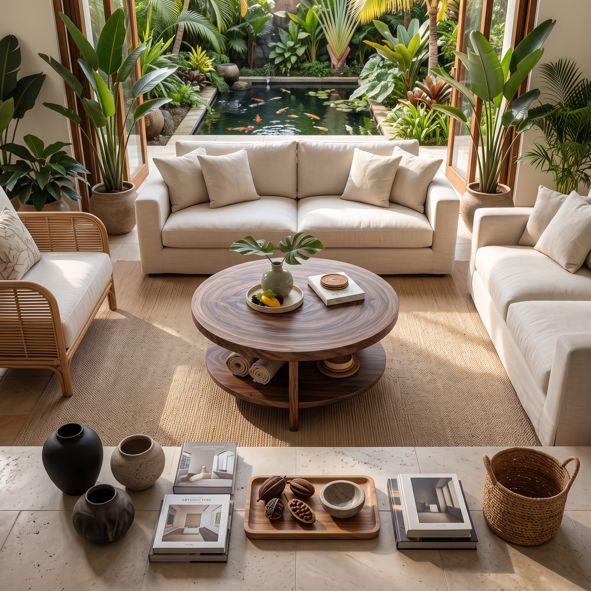 Tropical Round Coffee Table With Shelf For Coastal Living Room And Lounge