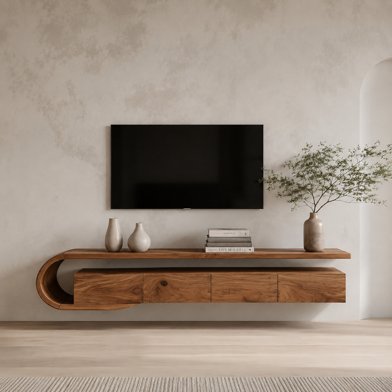 Modern Sculptural Wall Mounted TV Console For Living Room