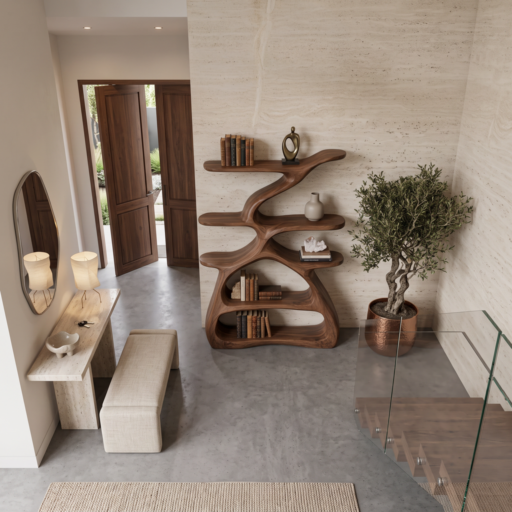 Modern Sculptural Bookshelf With S Shaped Design For Living Room