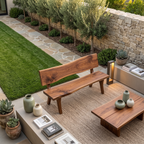 Contemporary Outdoor Wood Bench With Sculpted Back For Patio Or Courtyard