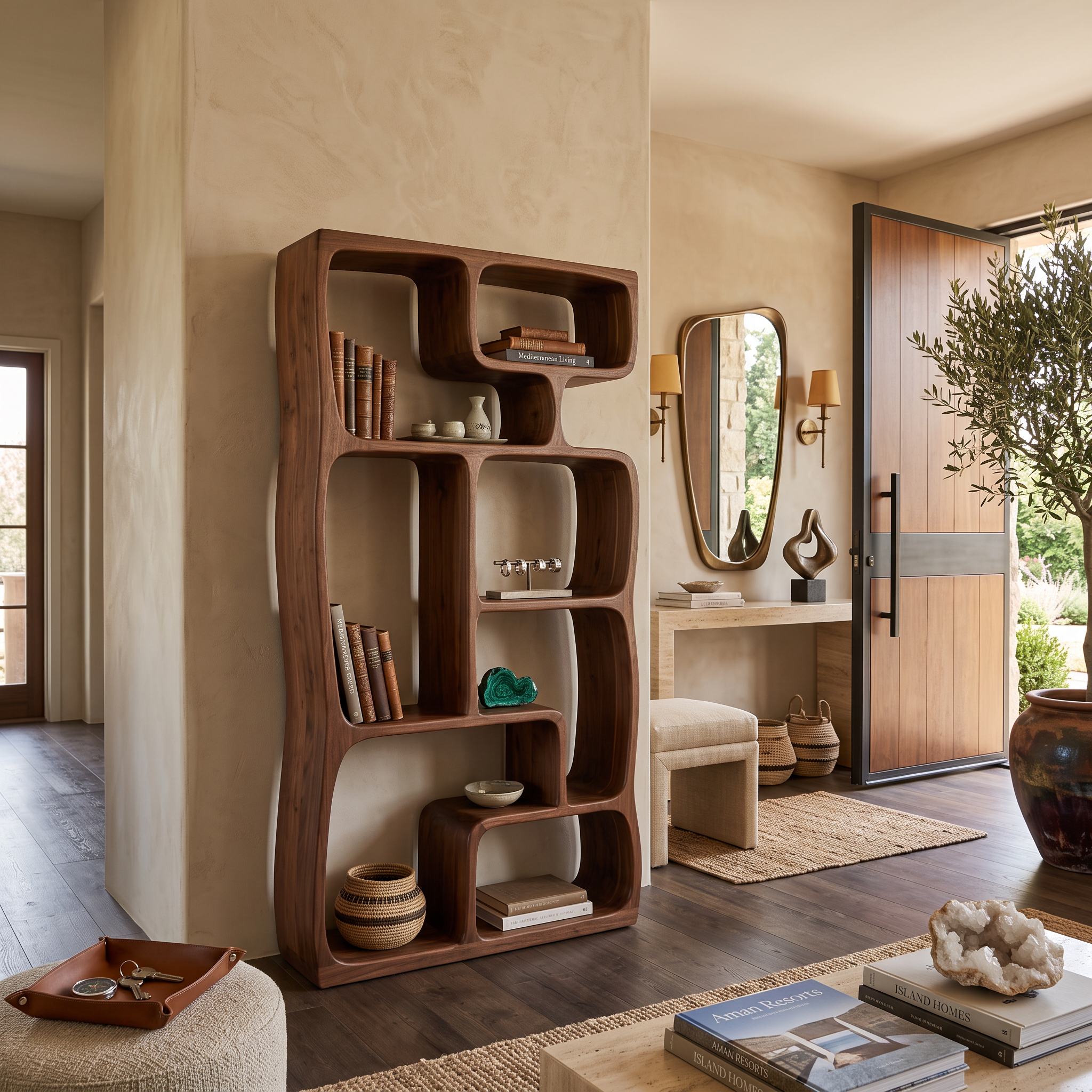 Modern Sculptural Bookshelf With Geometric Design For Living Room