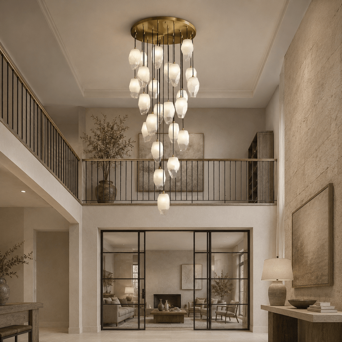 Modern chandelier hanging in a stylish living room with neutral tones.